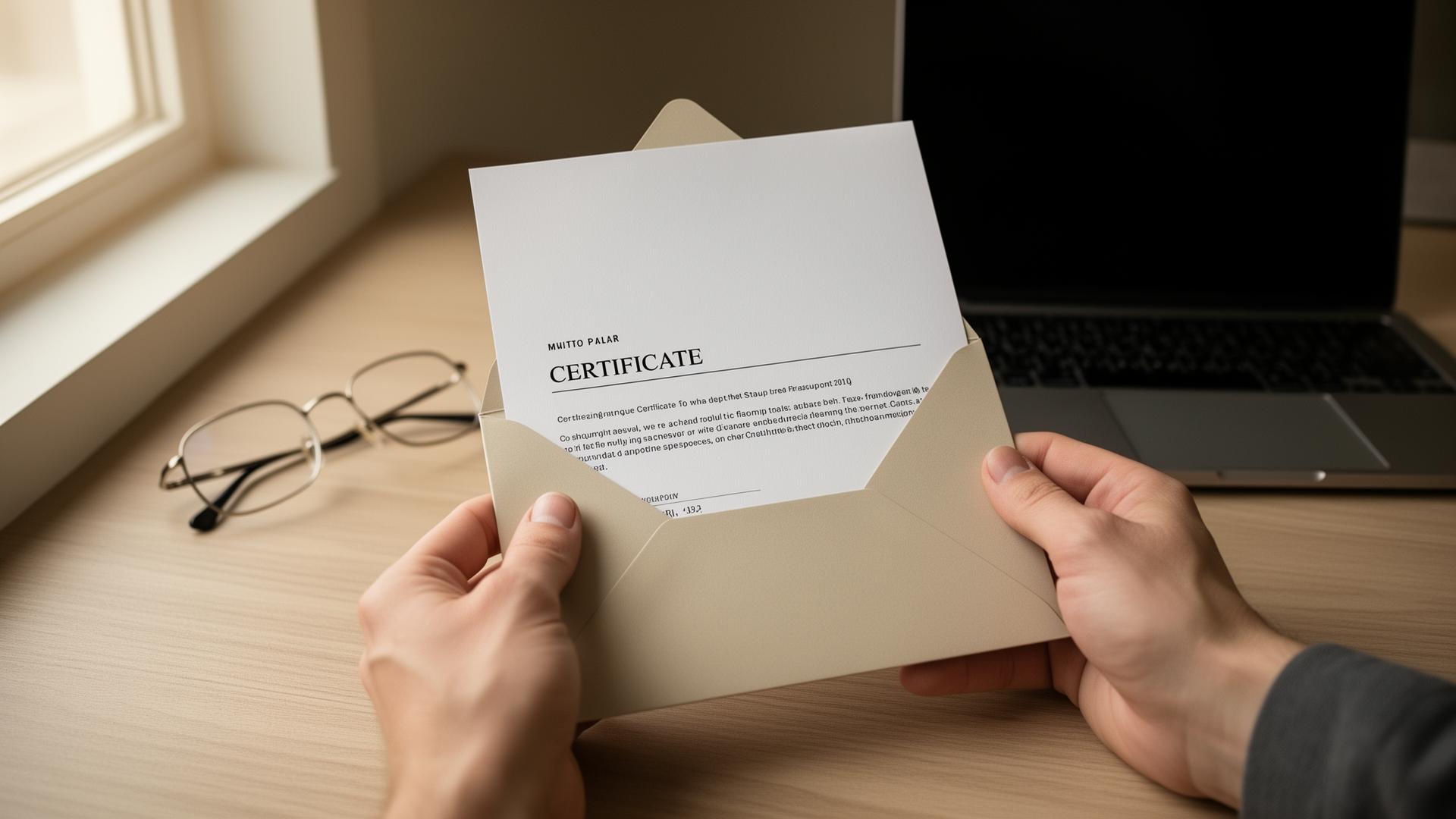 Hands holding an envelope containing a completion certificate beside a laptop